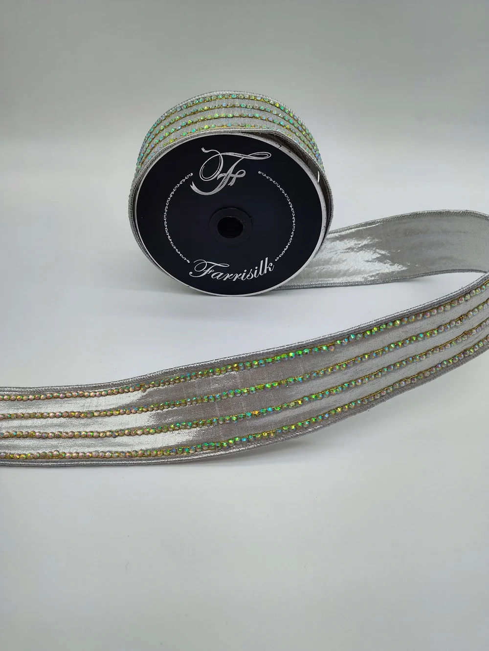 FARRISILK Iridescent Crystal Stripe Silver Wired Ribbon 1.75